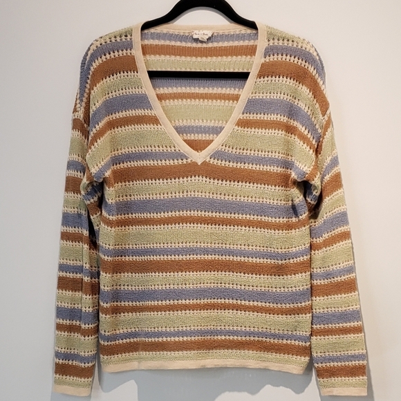 🚨CL:Hem & Thread Elba Stripe Open Knit Sweater Green Brown Cream Medium - Picture 2 of 7